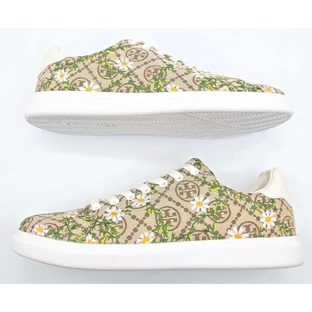 Tory Burch Howell T-Monogram Embroidered‎ Daisy Sneakers Hazel White 81296 9.5